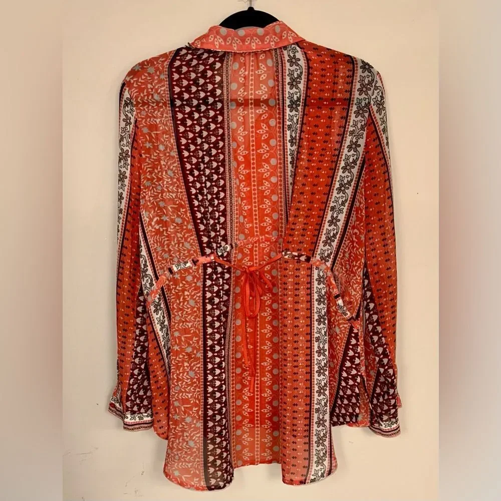 Free People Red, White & Black Sheer Patterned Blouse